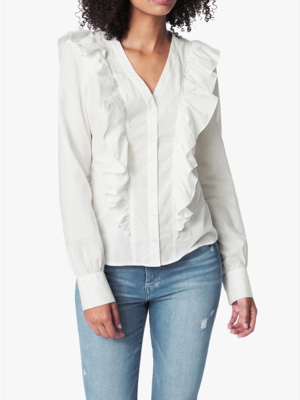 Express White Ruffle V-Neck Button-Front Blouse small